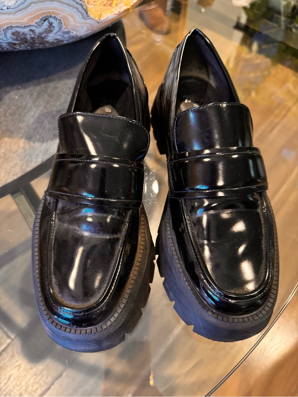 Zara Black Patent Platform Penny Loafers